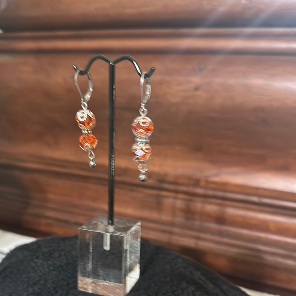 Chic Orange and Silver Crystal Earrings